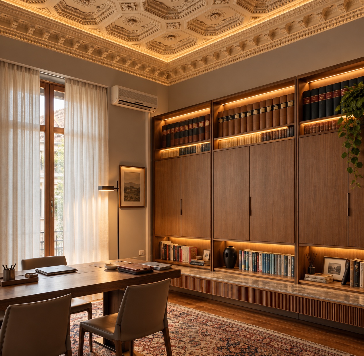 Biblioteca dello Studio con librerie illuminate e soffitto decorato